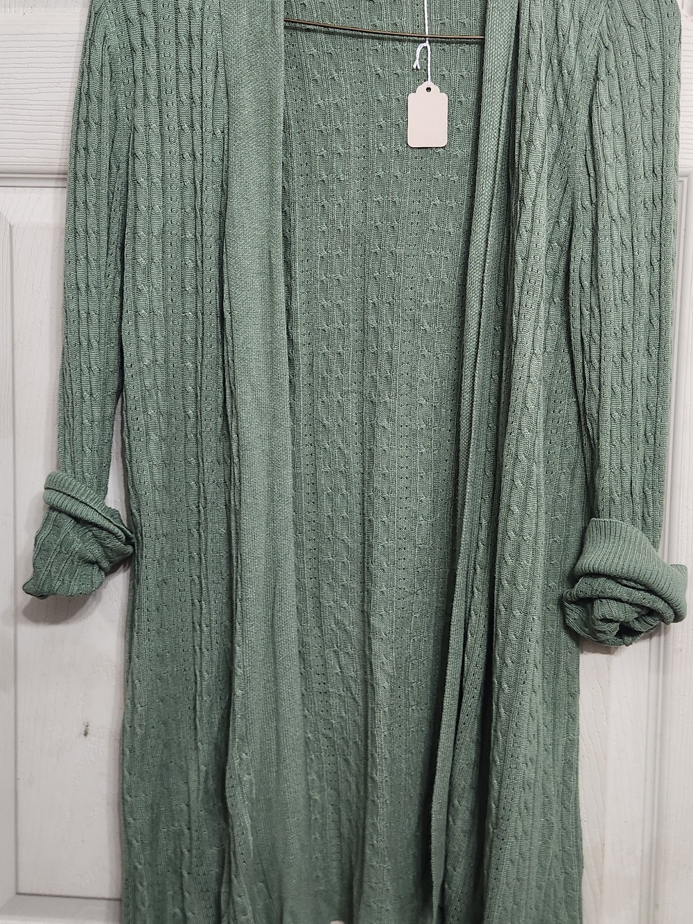 Cyrus Open-Front Cable Knit Duster Cardigan in Sage